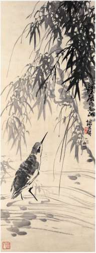 卢坤峰（1934～） 竹岸禽憩图 镜片 水墨纸本