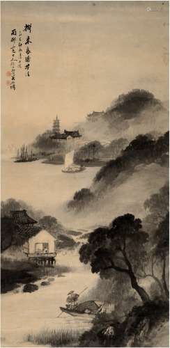 吴石僊（？～1916） 1905年作 湖山烟雨图 立轴 水墨纸本