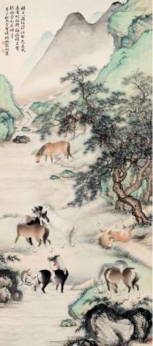 殷梓湘（1909～1984） 1941年作 群马图 镜片 设色纸本