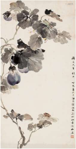徐韶九（1911～？） 1947年作 蔬果草虫图 立轴 设色纸本