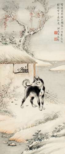 戈湘岚（1904～1964） 雪地猎犬图 立轴 设色纸本