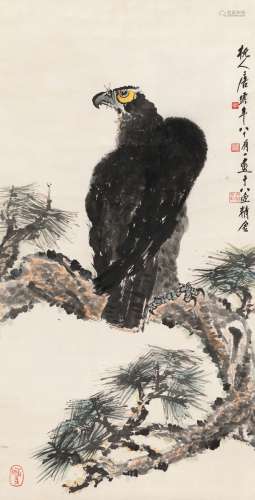 唐云（1910～1993） 1990年作 松鹰图 镜片 设色纸本