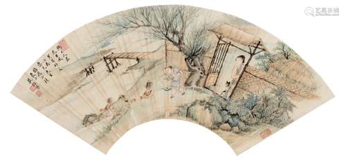 殷梓湘（1909～1984） 1933年作 农家鸡犬图 扇轴 设色纸本