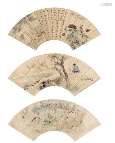 任伯年（1840～1895）  倪田（1855～1919）等 望秋图·临流独坐图·花鸟人物 （三帧） 扇页 设色纸本