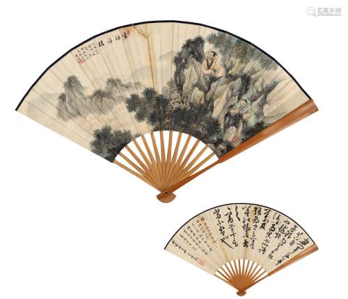 叶昀（1901～1983）  孟广慧（1867～1939） 云海高士图·书法 成扇 设色纸本