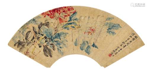 陈摩（1887～1946） 1930年作 仿恽寿平牡丹 扇面 设色洒金纸本