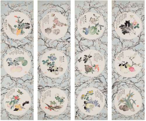 沈瑞清（1845～？） 1893年作 花鸟 四屏 设色纸本