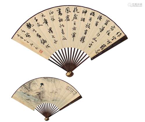 马公愚（1890～1969）  方绍尧（近代） 书法·柳荫仕女图 成扇 设色纸本