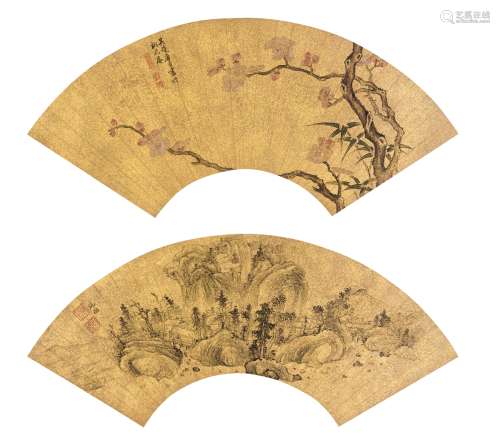 唐寅（1470～1523）  张瑞图（1570～1641）（款） 桃花·山水 （二帧） 扇页 泥金设色纸本·泥金纸本