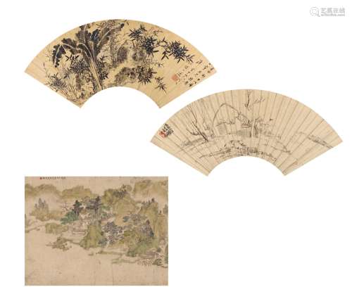 朱昂之（1764～1841后）  王翙（清）  钱瘦铁（1897～1967） 山水·花鸟 扇页（二帧）·镜片 水墨泥金纸本