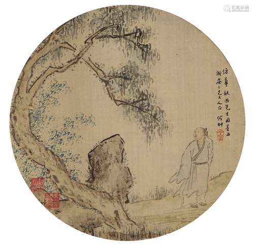 何翀（1807～1883） 仿华嵒人物 扇页 设色绢本