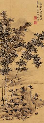 金侃（？～1703） 溪涧丛竹图 镜片 水墨泥金纸本