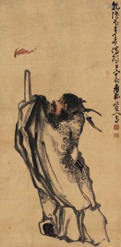 黄慎（1687～约1770） 1756年作 钟馗送福图 立轴 设色纸本