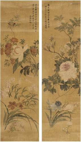 翁小海（1790～1849）（款） 群芳图 （二帧） 镜片 设色绢本