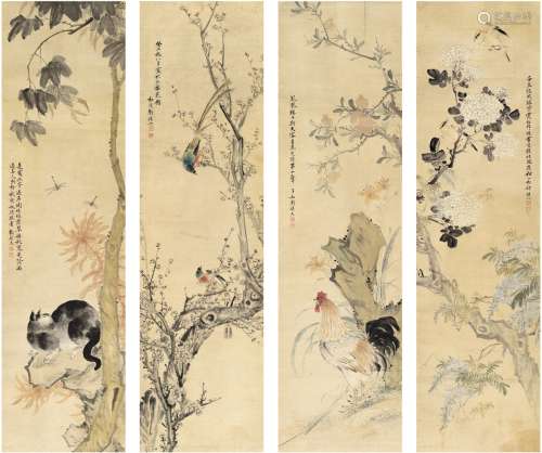 刘德六（1805～1875） 花鸟 四屏 设色纸本