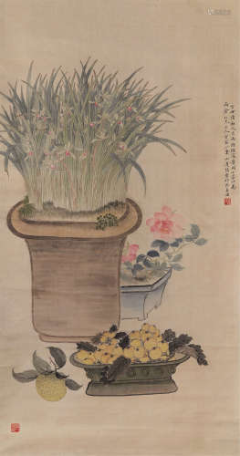 张盘（1812～1890） 清供兰草 立轴 绢本