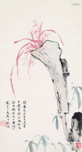萧俊贤  吴湖帆 1955年作 花卉 镜片 设色纸本