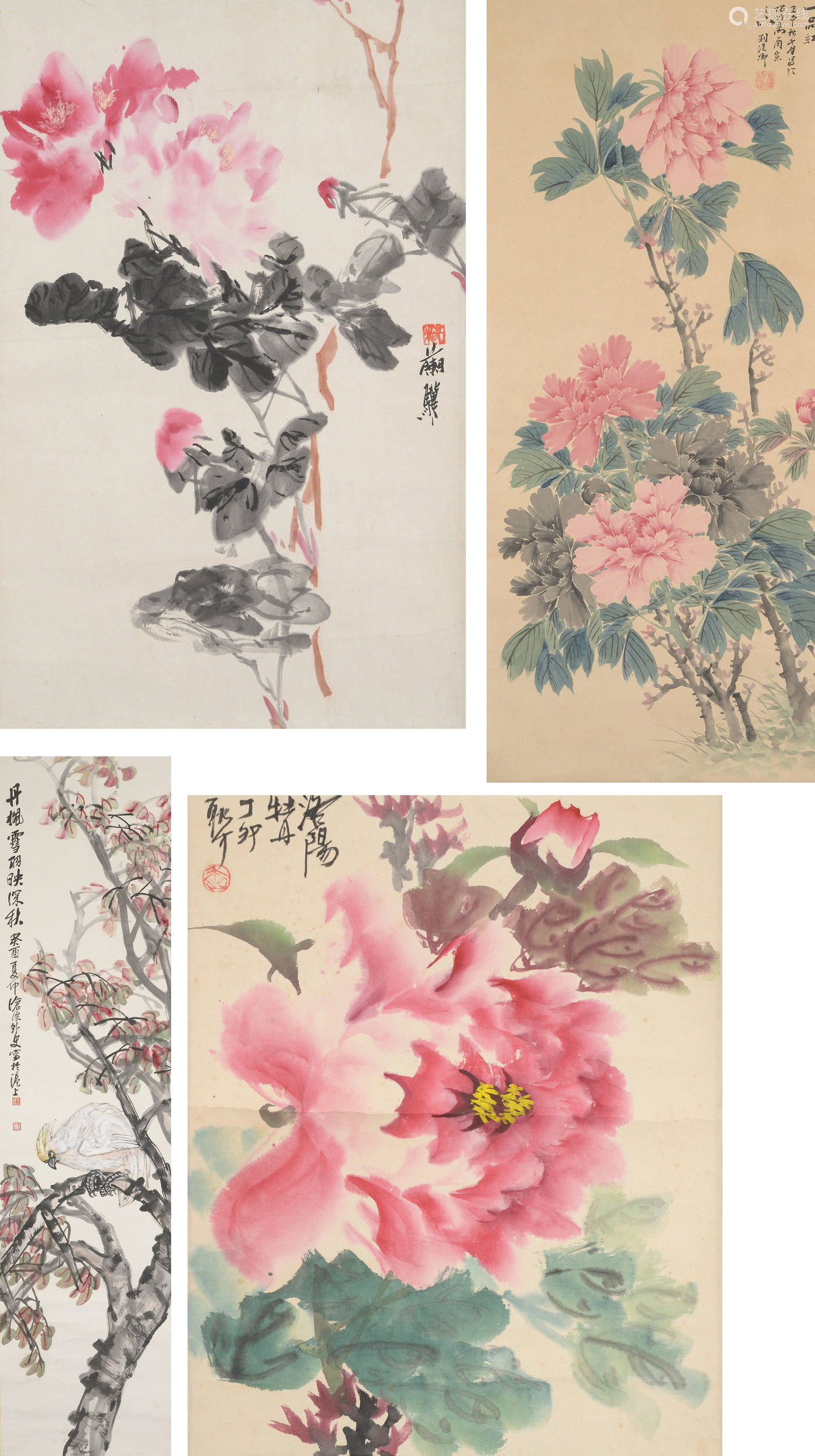 設色紙本立軸劉漢卿富貴花開一品紅楊蘭骥花卉耿才洛陽牡丹王廷珏丹楓雪羽映深秋四幅 Deal Price Picture 設色紙本立軸劉漢卿富貴花開一品紅楊蘭骥花卉耿才洛陽牡丹王廷珏丹楓雪羽映深秋四幅 Deal Price Picture