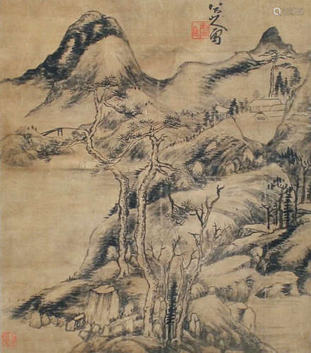 八大山人山水水墨绫本立轴