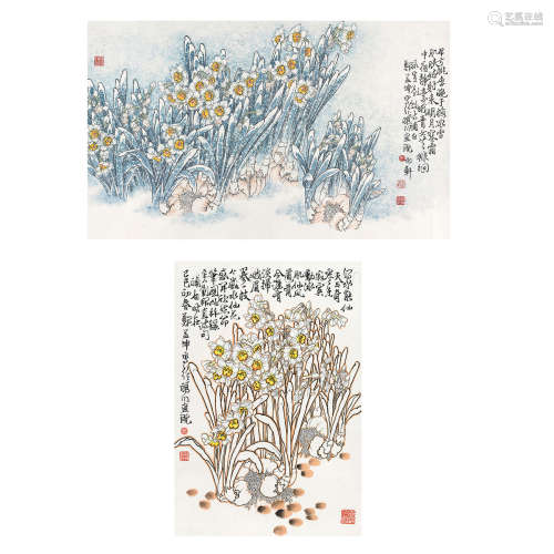 郑益坤 己巳（1989 年）作 花卉二幅