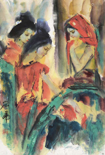 石虎（b.1942） 浴女图 镜框 设色纸本