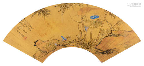 曹鸿勋（1846～1910） 花鸟扇面 镜框 设色金笺纸本