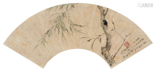 居廉（1828～1904） 1858年作 秋柳鸣蝉 镜框 设色纸本