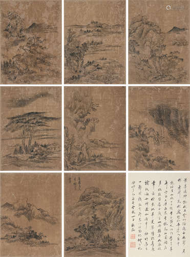 谢时臣（1487～1567）（款） 山水 册页 （八开） 水墨绢本