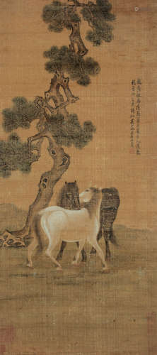 杨晋（1644～1728） 1672年作 松下双骏 立轴 设色绢本