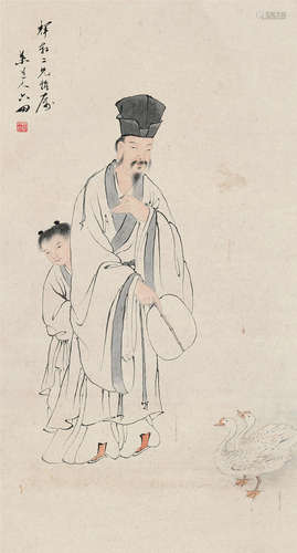 苏六朋（1791～1862） 羲之爱鹅图 立轴 设色纸本