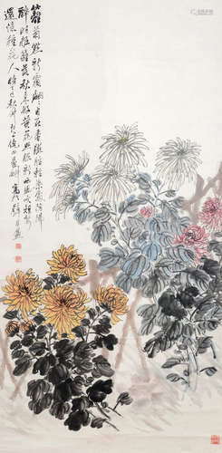 倪田（1855～1919） 1917年作 篱菊点新霜 立轴 设色纸本