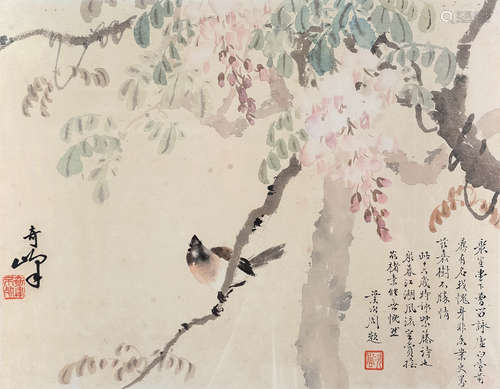 高奇峰（1889～1993） 紫藤小鸟 镜框 设色纸本