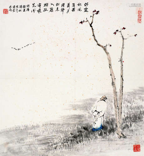 亚明（1924～2002） 唐人诗意图 镜片 设色纸本