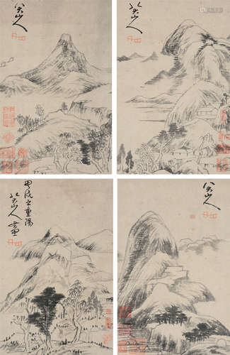 八大山人（1626～1705） 1694年作 山水 （四帧） 立轴 水墨纸本