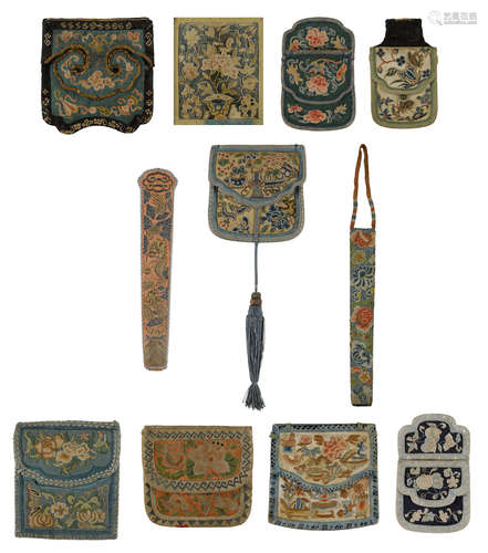 19th century TEN EMBROIDERED SILK ACCESSORIES