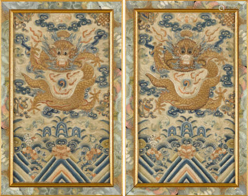 18th century TWO YELLOW SILK EMBROIDERED 'DRAGON' PANELS