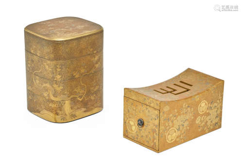 Edo period (1615-1868), 19th century A lacquer four-tier jubako and a lacquer pillow