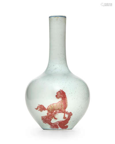 Late Qing dynasty/Republic period A COPPER-RED 'QILIN' STICK-NECK VASE