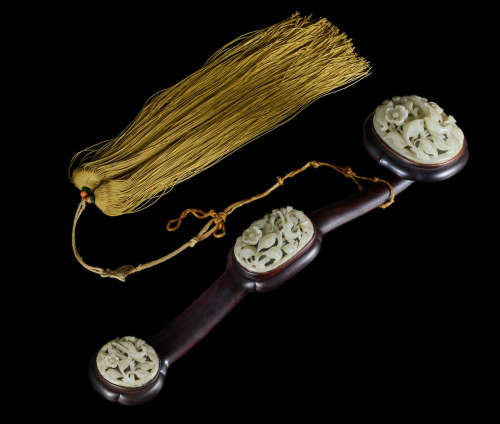 The jades Ming dynasty, with Qing dynasty wood mount A PALE CELADON JADE-INSET WOOD RUYI SCEPTRE