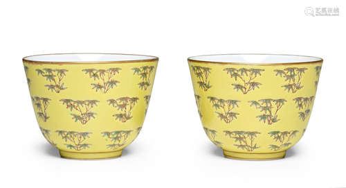 Tongzhi four-character marks and of the period A PAIR OF YELLOW-GROUND 'BAMBOO' CUPS