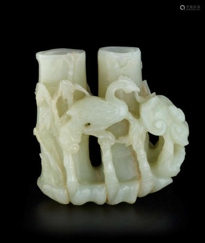 18th century A PALE CELADON JADE 'PHOENIX AND BAMBOO' DOUBLE VASE