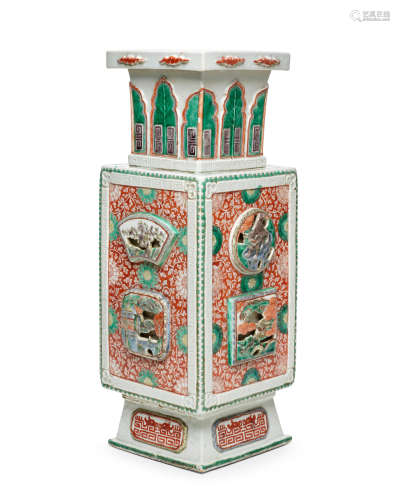 Kangxi period A FAMILLE-VERTE SQUARE-SECTIONED MOLDED VASE