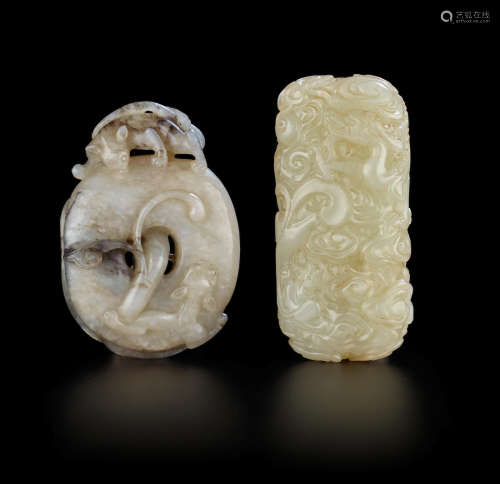 Qing dynasty Two celadon jade 'dragon' carvings