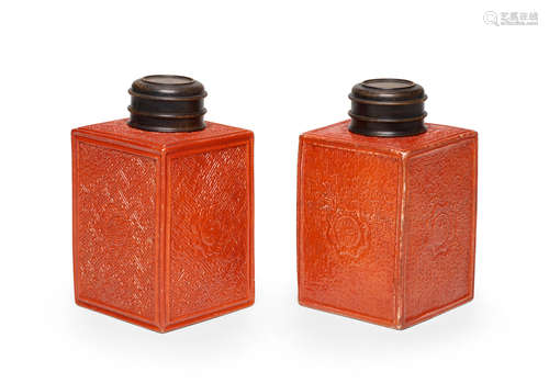 19th century A PAIR OF RED-GLAZED IMITATION CINNABAR LACQUER TEA CADDIES