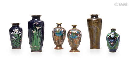 Meiji era (1868-1912), late 19th century A group of five small cloisonné-enamel vases and a small bronze vase