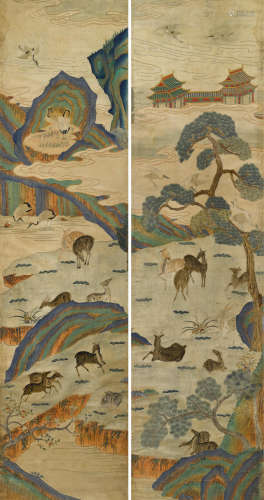 18th century Two large embroidered landscape panels