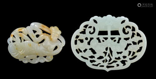 Qing dynasty TWO CELADON JADE RETICULATED PLAQUES