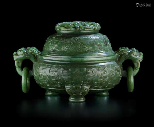 Early 20th century A SPINACH JADE  'TAOTIE' CENSER AND COVER