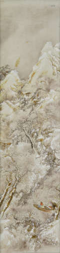 20th century A grisaille and famille-rose winter landscape porcelain plaque