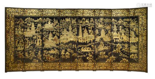 19th century  AN EIGHT-PANEL GILT-LACQUER 'LANDSCAPE' SCREEN